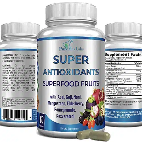 Super Antioxidant Fruit Superfood Complex   Powerful Antioxidant Superfruits, Acai, Goji, Noni, Mangosteen, Pomegranate, Elderberry, Resveratrol, Immune Support, Skin Care   Capsules