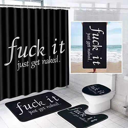 ASPMIZ PCS Funny Get Naked Shower Curtain Set with Non Slip Bathroom Rugs, Washable Toilet Lid Cover, Waterproof Shower Curtain with Hooks and Oversized Towels Absorbent U Bath Mat Bathroom Decor