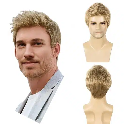 BEAUTY FLAG Mens Blonde Wig Short Straight Synthetic Blonde Hair Wigs for Male Guy Daily Wear Anime Costume Halloween Cosplay Party