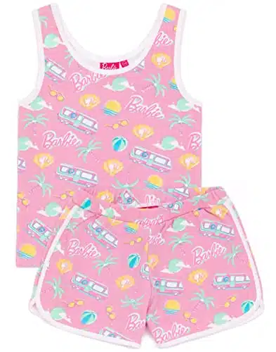 Barbie Girls Piece Co Ord Kids Pink Vest And Shorts Set Palm Trees Sunglasses Summer Daywear