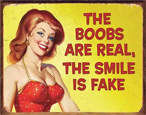 Desperate Enterprises The Boobs are Real The Smile is Fake Tin Sign   Nostalgic Vintage Metal Wall Decor   Made in USA