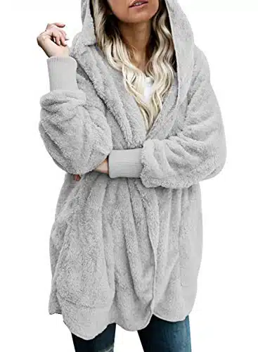 Dokotoo Womens Loose Ladies Solid Oversized Fuzzy Fluffy Sherpa Winter Faux Fur Open Front Long Sleeve Fleece Hoodies Cardigans Sweaters Jackets Coats Outerwear Grey Large