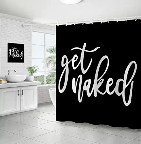 ElizaBath Lush Shower Curtain White Waffle Funny Words Get Naked on Black Background Durable Waterproof Interesting Cute Bath Curtain with Hooks