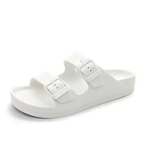 FUNKYMONKEY Women's Comfort Slides Double Buckle Adjustable EVA Flat Sandals ( US Women, White)