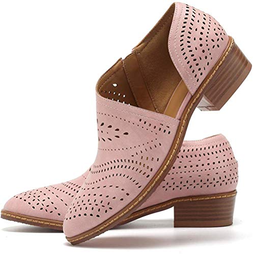 JITUUE Ankle Boots for Women Casual Slip On Loafers Pointed Toe Chunky Block Low Heel Shoes Cut out Office Dress Comfy Casual Booties(Pink,.)