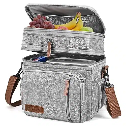 MIYCOO Lunch Bag for Women Men Double Deck Lunch Box   Leakproof Insulated Soft Large Adult Lunch Cooler Bag for Work, (Grey,L)