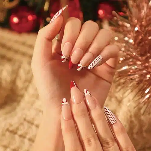 Nude French Tip Press on Nails Medium Almond Fake Nails with Designs Red Nail Tips Sweater Candy Cane Full Cover Acrylic Christmas Oval False Nails Winter Glue on Nail for Women and Girls Pcs