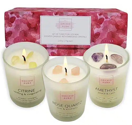 ORCHID AURA Soy Candles with Healing Crystals. Citrine, Rose Quartz, Amethyst Crystal. Eucalyptus + Lemongrass, Jasmine + Sandalwood, Clary Sage + Lavender. PC Scented Candle Set, oz Each