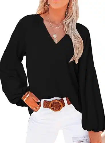 SHEWIN Womens Fall Fashion Blouses Dressy Casual Lantern Long Sleeve Bohemian Tops Solid V Neck Summer Boho Shirt for Women Loose Fit, (XL),Black