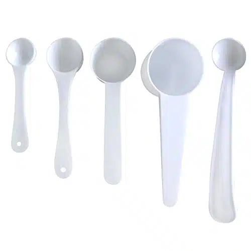 Set of plastic measuring spoons (g g g g ) for measuring powders, granules, coffee, pet food, cereals, proteins and dispensing spices, other dry goodsâ¦ (g+g+g+g+g)