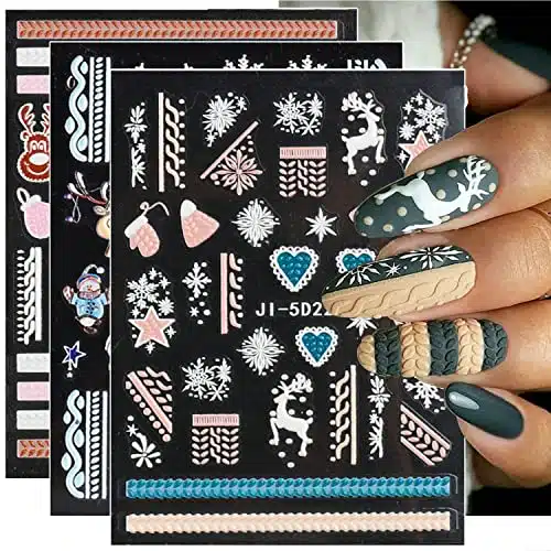 Sheets D Christmas Nail Stickers Decals Christmas Nail Decorations D Embossed Winter Sweater Xmas Plaid Elk Gingerbread Man Nail Designs for Women Girls (B)