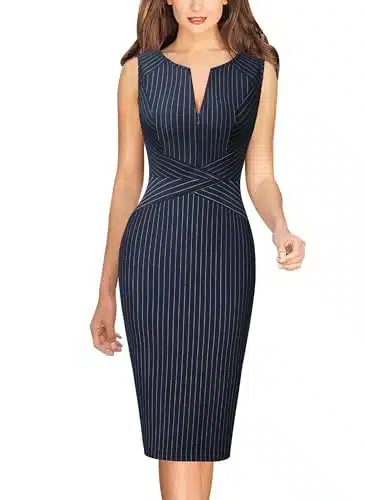 VFSHOW Womens Elegant Blue and White Striped Slim Zipper up Work Business Office Party Sheath Dress BLU M