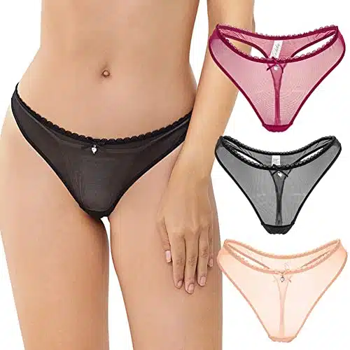 Varsbaby Women's Sexy Sheer Panties Thongs Mesh G Strings Low Rise Brief Underwear, Pack (NTS Black and Beige and Red S)