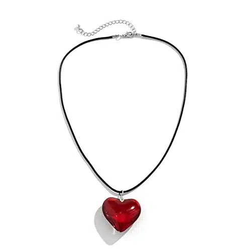 YURAOER YK Red Heart Necklace for Women   Chunky Glass Puffy Red Choker Necklace Aesthetic Grunge Jewelry Gifts for Teen Girls