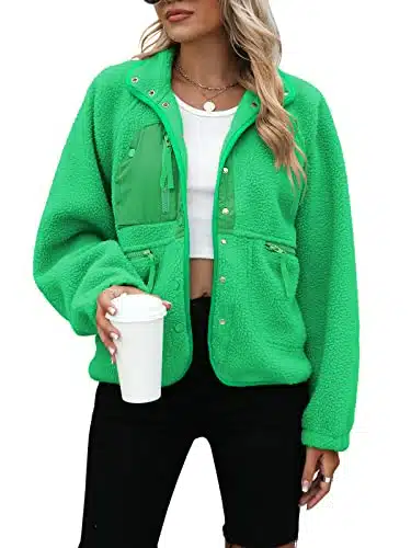 Yanekop Womens Fleece Jacket Fuzzy Long Sleeve Short Coats Button Down Sherpa Outerwear With Pockets(Fluorescent Green,M)