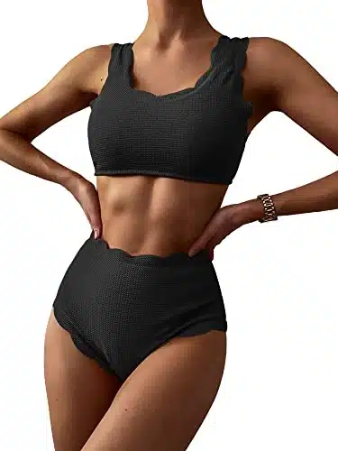 ZAFUL Women's Scalloped Textured Swimwear High Waisted Wide Strap Adjustable Back Lace up Bikini Set Swimsuit Black XL