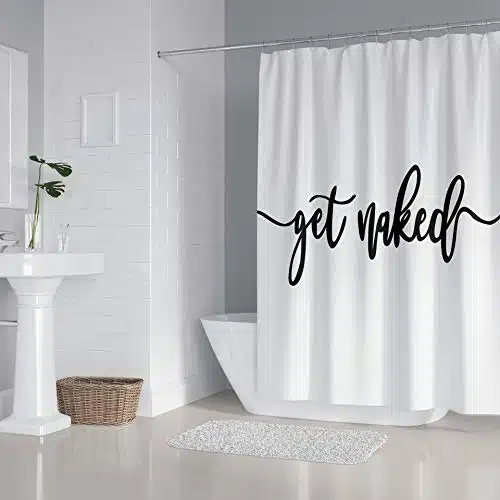 Zengmei xinches Get Naked Shower Curtain Set Funny Quote Durable Waterproof Polyester Shower Curtain Bathroom Bath Decor Cloth Fabric + Hooks(White)