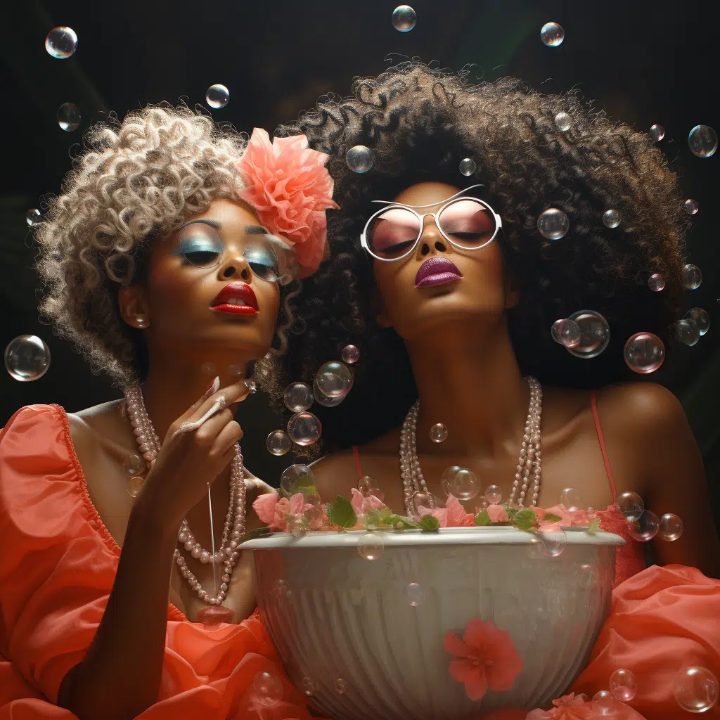 african american female supermodels blowing bubbles in a tub