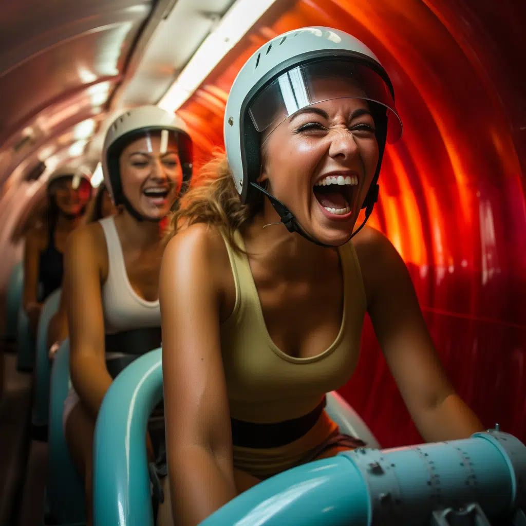 female fitness models laughing while riding a 12 inch tube