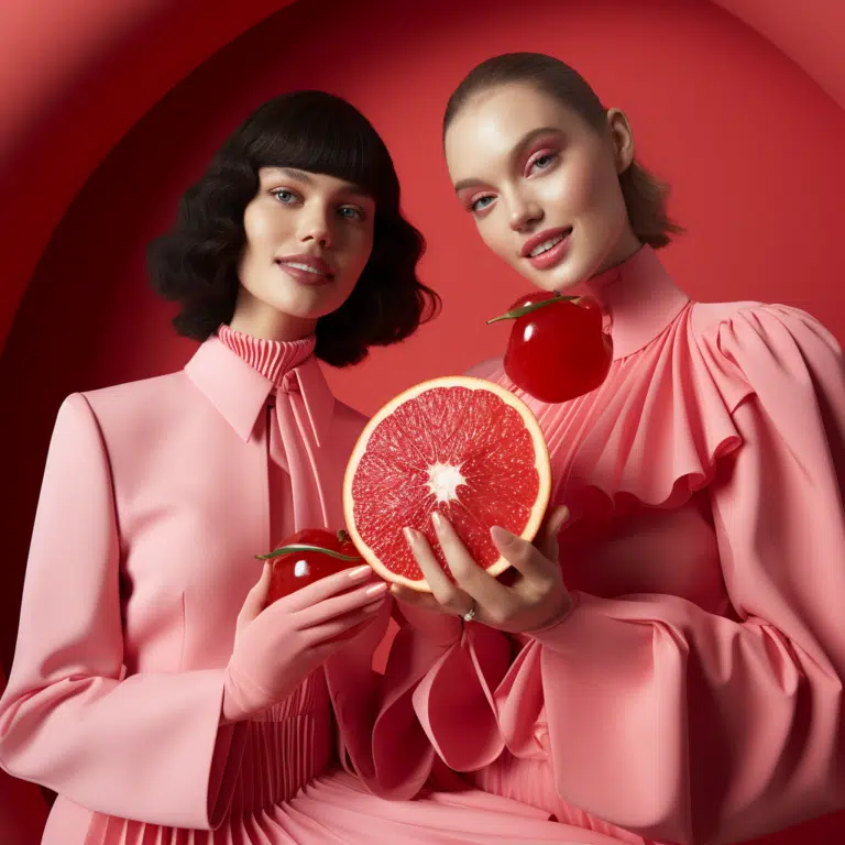 female high end fashion models holding a cut open grapefruit and winking