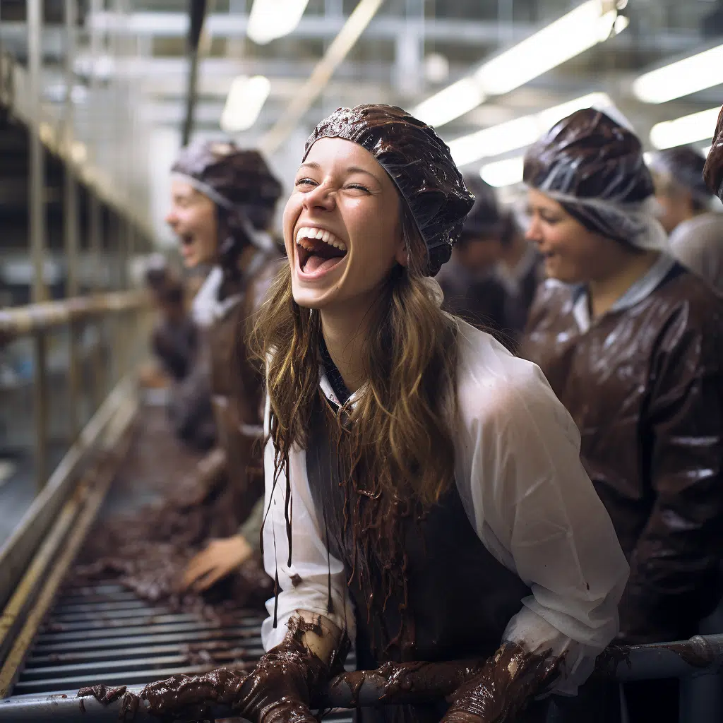 female supermodel laughing in chocholate factory
