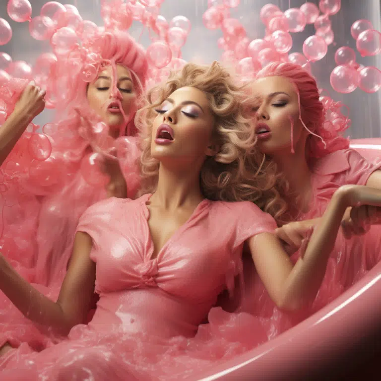 female supermodels enjoying bubble gum in a tub