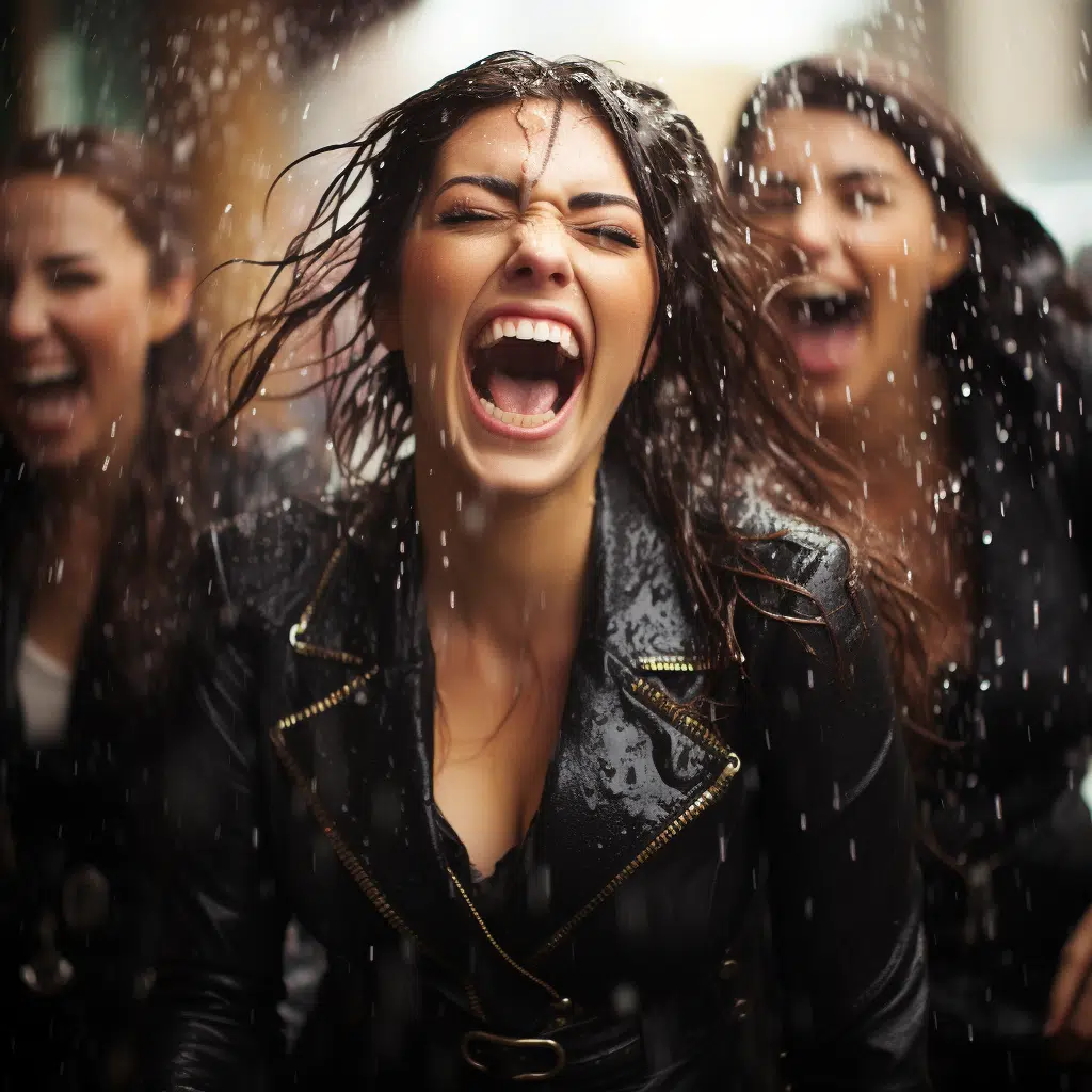 fintness model women laughing as water bursts out of their belt buckels