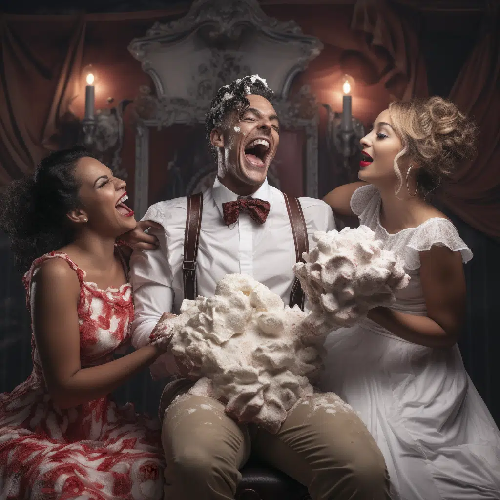 man with two female supermodels laughing in whip cream