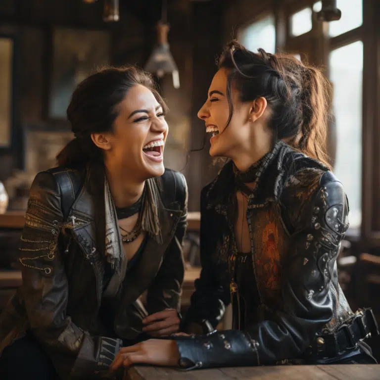 two female lesbian models laughing