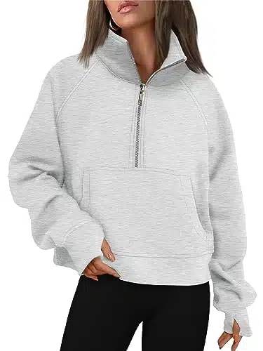 AUTOMET Womens Cropped Sweatshirts Quarter Zip Pullover Half Zipper Oversized Hoodies Fall Fashion Outfits Winter Clothes Grey