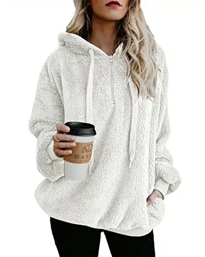 Acelitt Womens Winter Zip Fuzzy Sherpa Sweatshirts Long Sleeve Fashion Oversized Fleece Casual Hoodies Jacket Pullover Sweaters White Medium