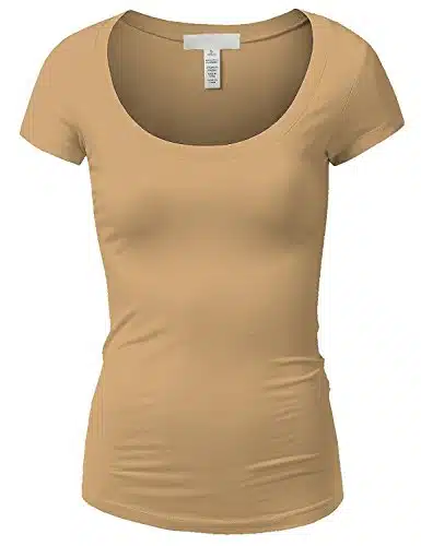Active Basic Womens Plain Basic Deep Scoop Neck with Cap Short Sleeves   Nude   Large
