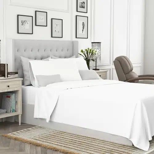 Aireolux Ultra Soft & Silky Thread Count Lightweight Supima Cotton Sheets   Piece Long Lasting, Moisture Wicking, Highly Breathable Sateen Weave White Sheet Set for King Size Bed