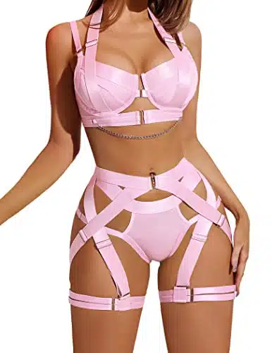 Avidlove Sexy Lingerie Set for Women Underwire Push Up Bra Lingerie Strappy Corset Lingerie with Garter and Chain(Pink,L)