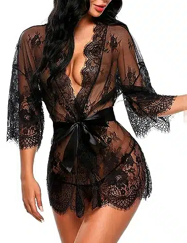 Avidlove lingerie robe Women's Lace Kimono Robe Babydoll Lingerie Mesh Nightgown Black M