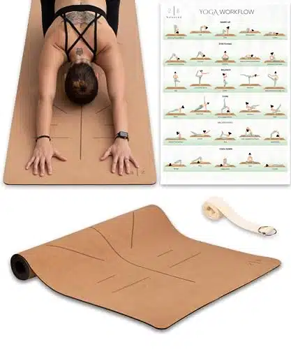 B Balanced   Premium Cork Yoga Mat   Designed by Professionals Yogis   Stays Flat Due to more Weight   Natural Cork & Rubber   Includes Poster With Poses & Strap For Stretching.