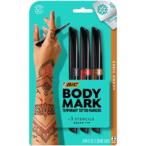 BIC BodyMark Temporary Tattoo Markers for Skin (MTBPHN AST), Henna Vibes, Flexible Brush Tip, Count Pack of Assorted Colors, Skin Safe, Cosmetic Quality