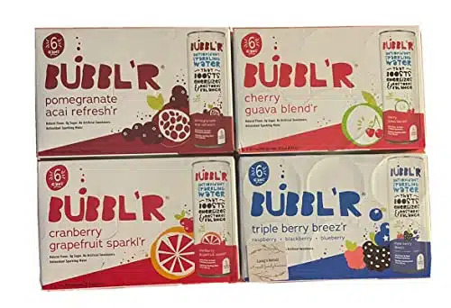 BUBBLR Pack, Bubblr Antioxidant Sparkling Water, Variety Pack, Bundled with Lang's Recipe Card, Pomegranate Acai Refreshr, Cherry Guava Blendr, Cranberry Grapefruit Sparklr, Triple Berry Breezr, Cans