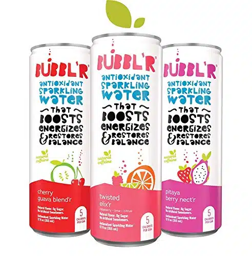 BUBBL'R twisted elix'r, pitaya berry nect'r, and pomegranate acai refresh'r, Antioxidant Sparkling Water with Natural Caffeine, g Sugar, Gluten Free, All Natural Flavors, Fl Oz Cans, Count