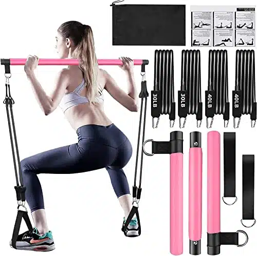 Bbtops Pilates Bar Kit with Resistance Bands(x Bands),Section Pilates Bar with Stackable Bands Workout Equipment for Legs,Hip,Waist and Arm (Pink(lbs,lbs))