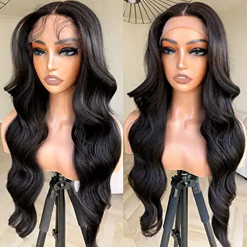 BlackSwern Body Wave Lace Front Wig, Glueless Wig Pre plucked Pre layered Pre styled, Long Layered with Curtain Bangs for Black Women, Natural grams