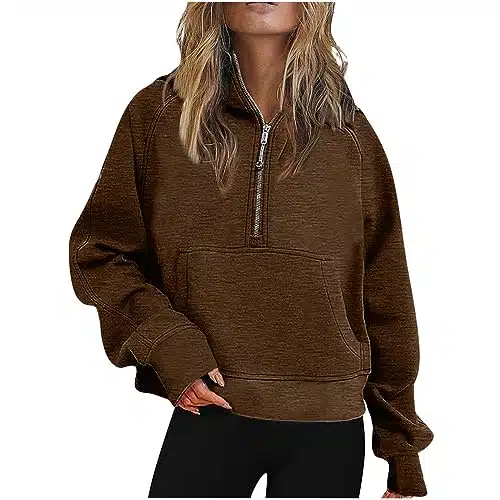 Ceboyel Womens Quarter Zip Sweatshirt Fleece Oversized Sweaters Cropped Pullover Hoodies Fall Trendy Outfits Clothing Cute Clothes for Girls Preppy Brown Xl