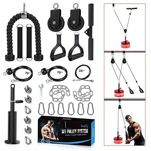 Concho Cable Pulley System Gym, Upgraded Weight Pulley System with Detachable Handles, LAT and Lift Pulley Attachments for Biceps Curl, Triceps, Chest Workout   DIY Home Gym Fitness Equipment