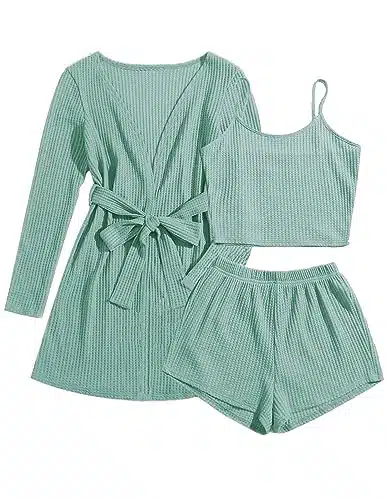 Ekouaer Piece Pj Set for Women Sexy Crew Neck Crop Tops Loose Waffle Knit Pjs Long Sleeve Cardigan Outfit Set with Pockets (Gray Green, XL)