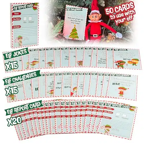 Elf Accessory Naughty or Nice Report Cards, Jokes, X Mas Activity Challenges for Your Shelf Elf   Unique Cards   Make Christmas Fun for Kids & Family w Unique Holiday Treats from Santa & North Pole