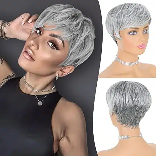 FESHFEN Pixie Cut Wigs Synthetic Short Ombre Gray Pixie Haircut Wig with Bangs Glueless Layered Wig Wavy Grey to Black Wigs for Women