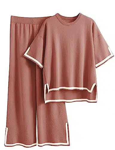Faleave Womens Knit Piece Sweater Sets Short Sleeve Pullover Tops Elastic Waist Wide Leg Pants Lounge Set(Rust M)