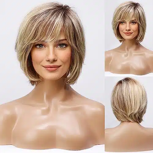 HAIRCUBE Short Ombre Blonde Wig for Women Hand Tied Lace Front Human Hair Wig Layered Bob Wig with Bangs Blonde Mixed Brown Natural Wig for Daily Use