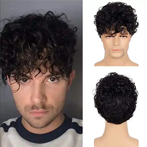 Kaneles Short Curly Mens Black Wig Fluffy Synthetic Cosplay Halloween Hair Wig for Male Guy