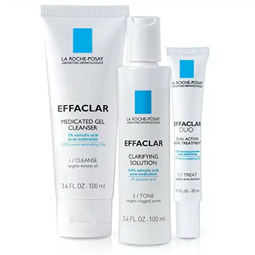 La Roche Posay Effaclar Dermatological Step Acne Treatment System, Salicylic Acid Acne Cleanser, Pore Refining Toner, and Benzoyl Peroxide Spot Treatment for Sensitive Skin, onth Supply